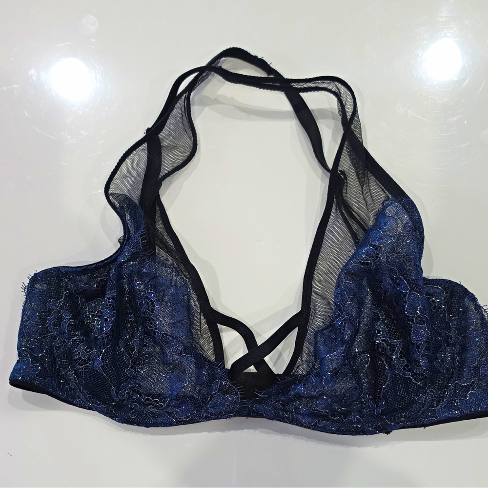 Victoria's Secret Very Sexy Plunge Underwire Unlined Lace Bra 34D Black/Blue